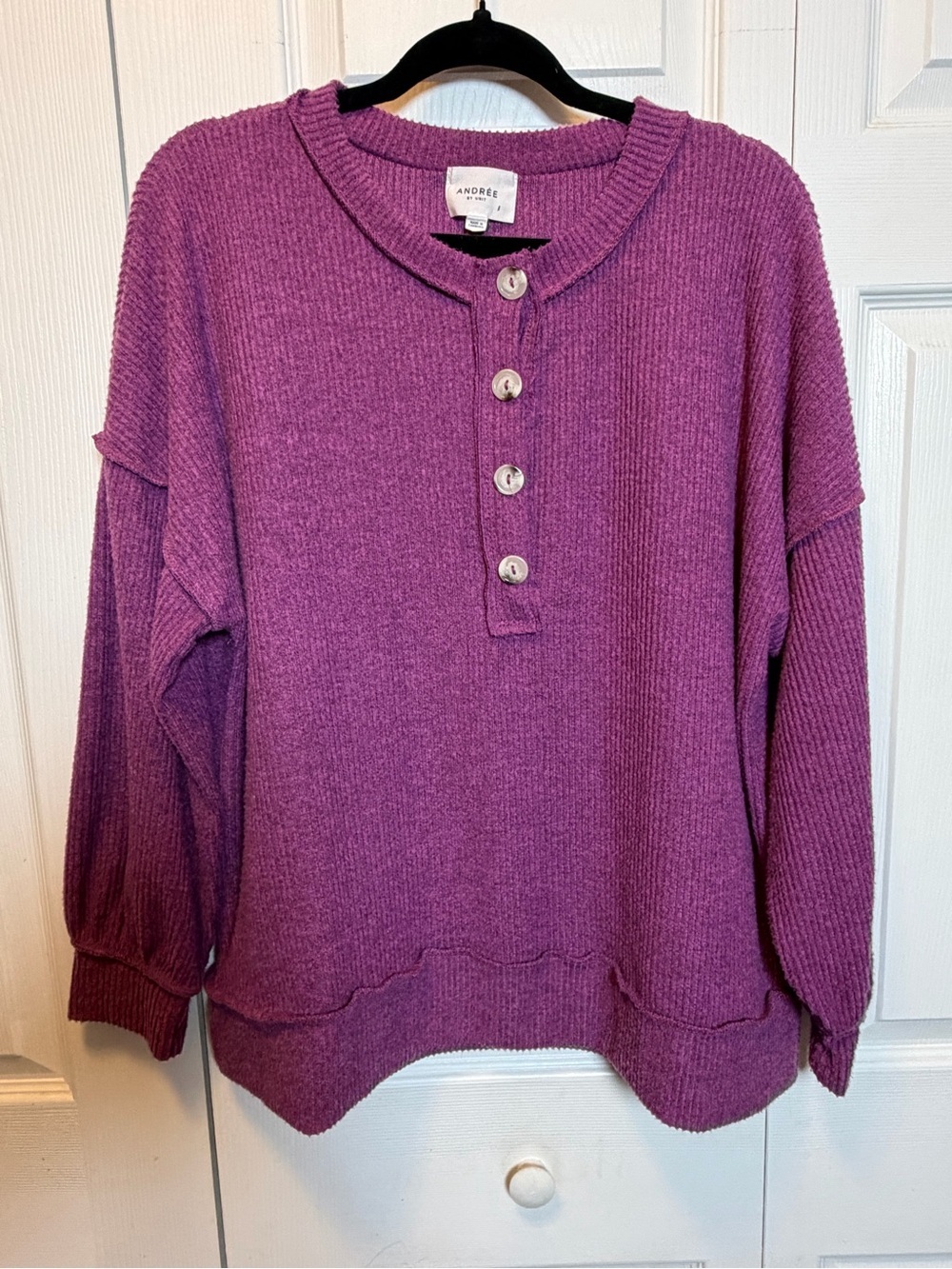 Andrée by Unit Large Purple Waffle Knit Henley Pullover Top Balloon Sleeve - Picture 1 of 7